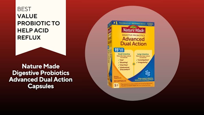 Yellow box with red writing that says "Advanced Dual Action" against a red background